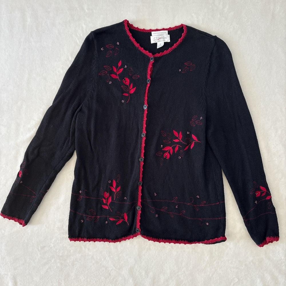 Vintage CJ Banks Women's X Black Red Beaded Embroidered Floral Cardigan